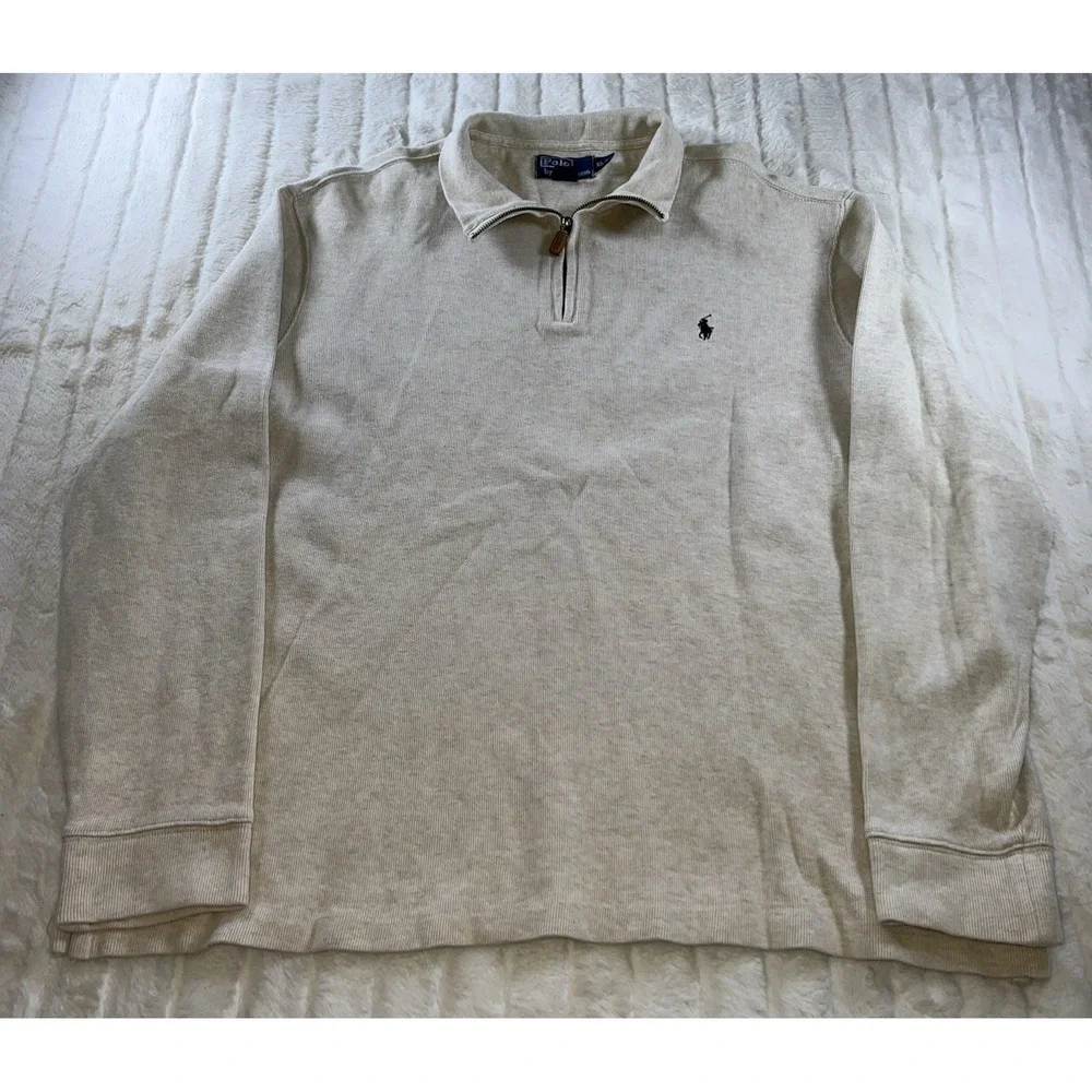 Polo Ralph Lauren Quarter 1/4 Zip Sweater Men's XL Tan Pony Logo Cotton Pullover